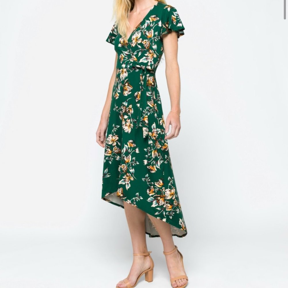 Fortune + Ivy. Irene Faux Wrap Brushed Knit Maxi Dress,NWT, Medium, Green Floral
